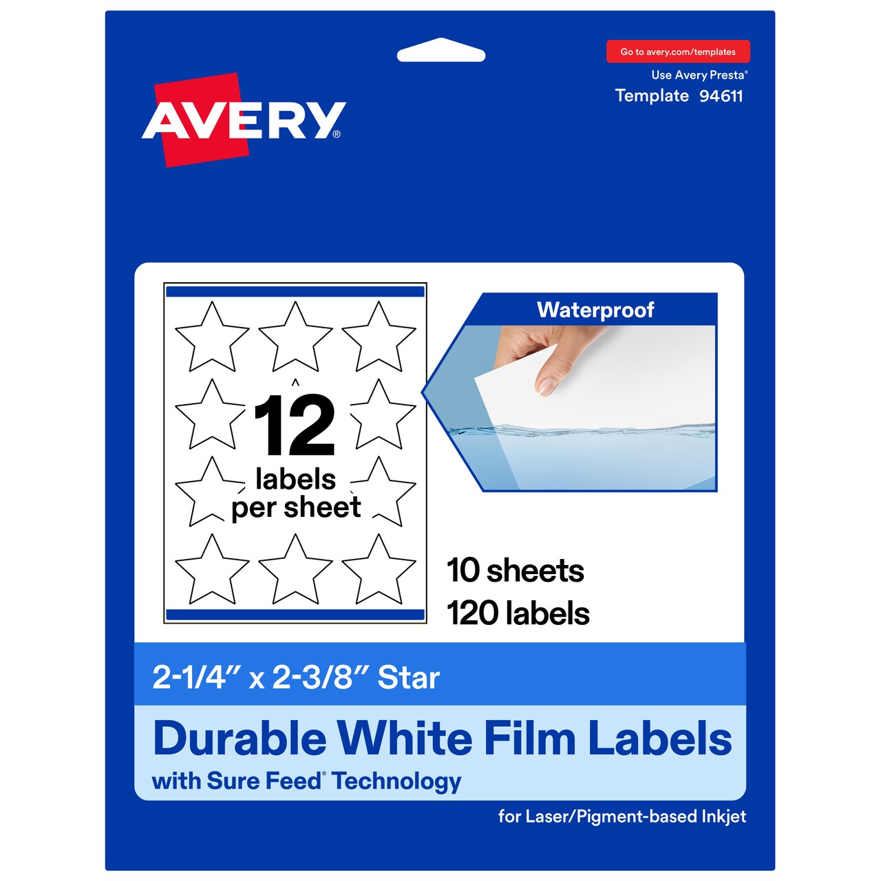 Avery Durable Waterproof Star Labels with Sure Feed, 2-1/4" x 2-3/8"